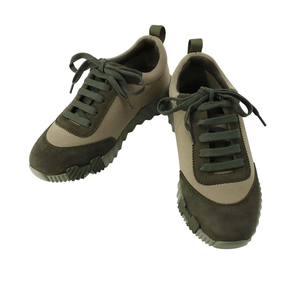 HERMES Bounce Sneakers KhakiH221176Z Suede Nylon Size 37