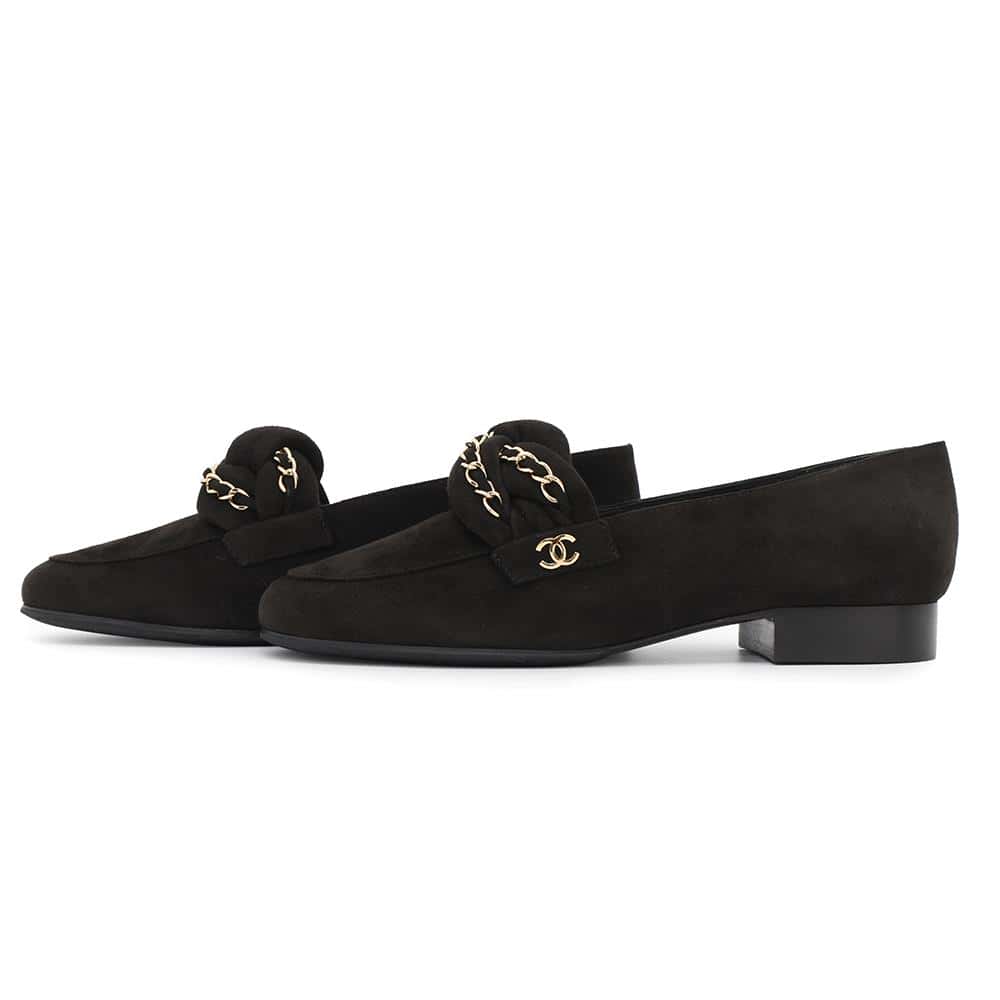 CHANEL CC Logo Chain Loafers BlackG32955 suede Size 37