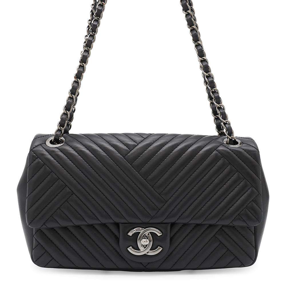 CHANEL Chevron Single Flap ChainShoulder Bag Black Lambskin