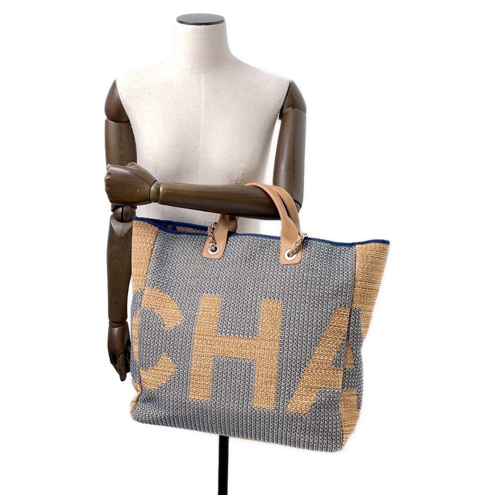 CHANEL Large shopping bag Beige/NavyA57161 Straw Leather