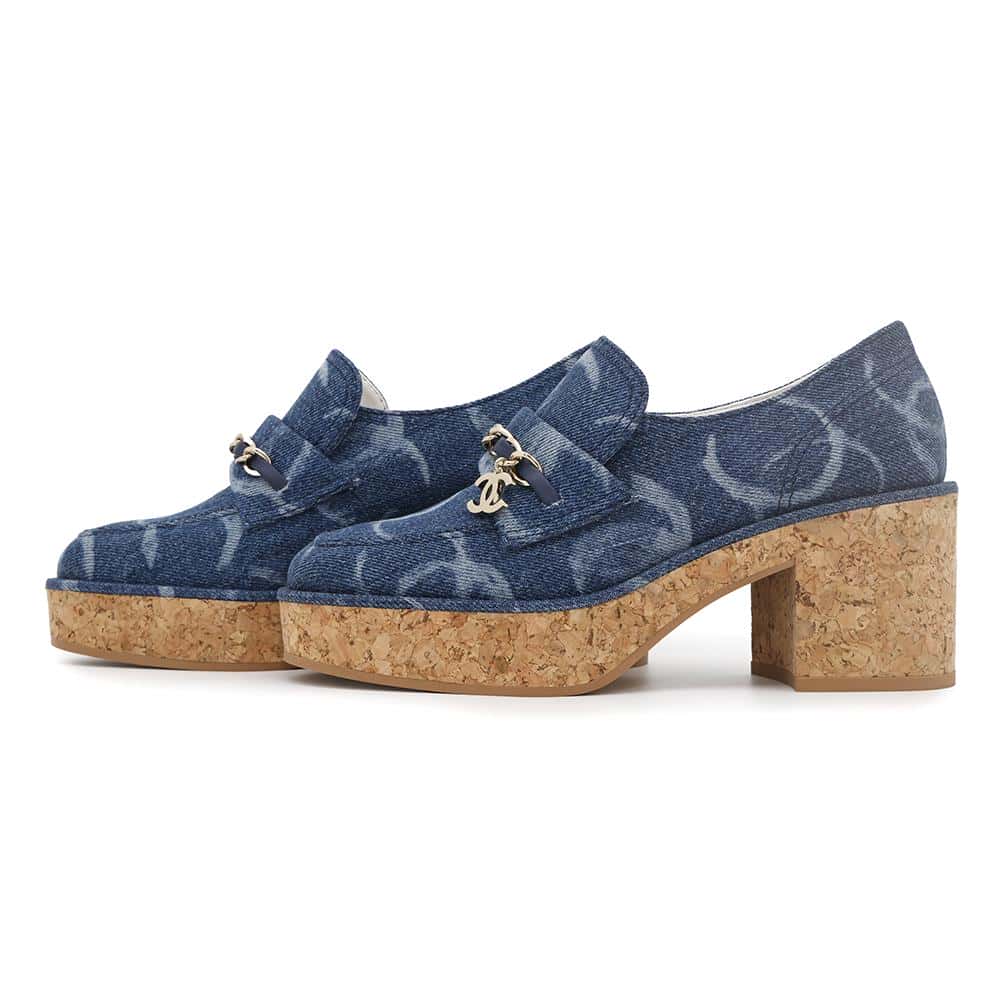 CHANEL heel loafers BlueG45142 Denim Size 36