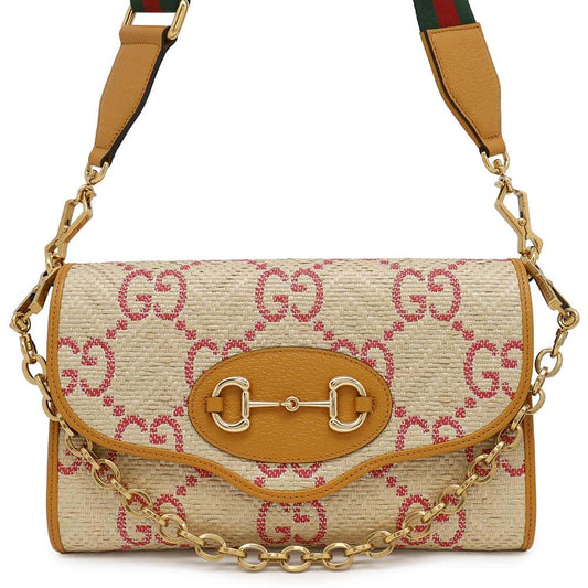 GUCCI Horsebit Shoulder Beige/Yellow677286 Raffia Leather