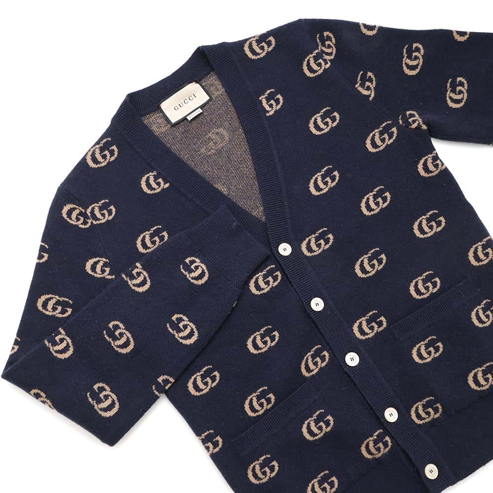 GUCCI GGJacquard knitted cardigan Size XS Navy/Brown660285 Cashmere93% Wool 7%