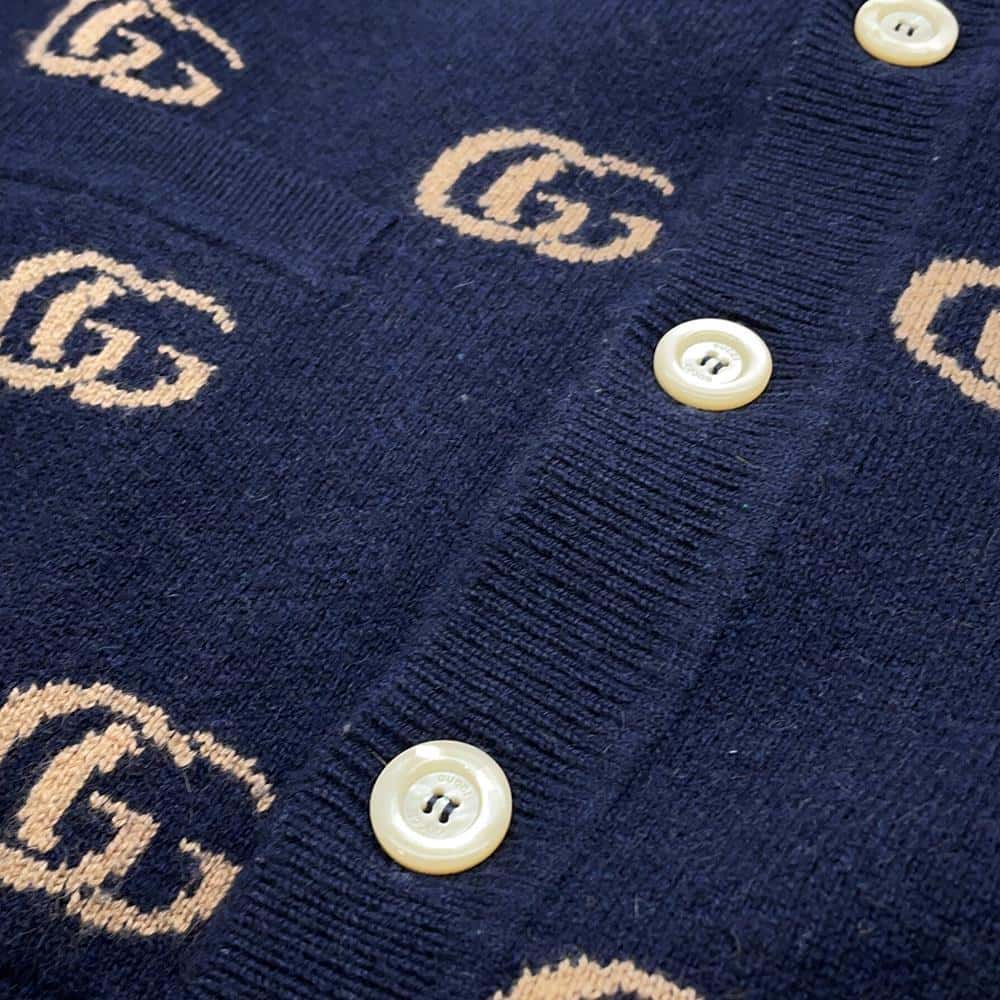 GUCCI GGJacquard knitted cardigan Size XS Navy/Brown660285 Cashmere93% Wool 7%