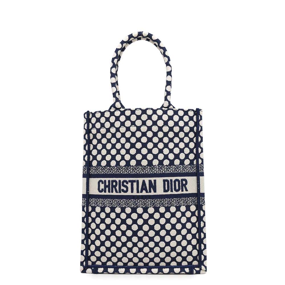 Dior Vertical Book Tote Dot White/Navy Canvas