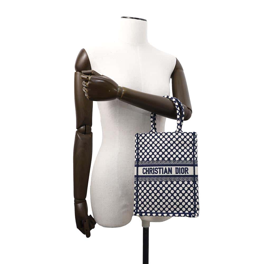 Dior Vertical Book Tote Dot White/Navy Canvas
