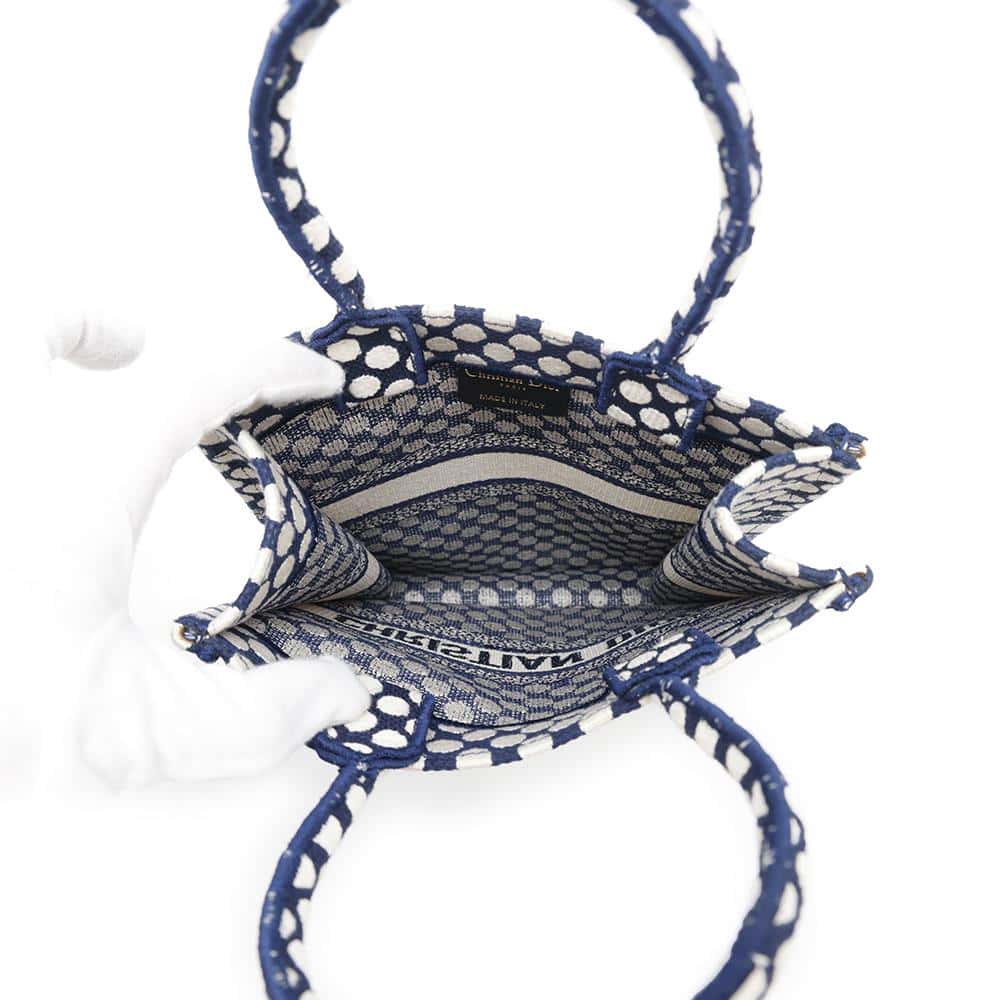 Dior Vertical Book Tote Dot White/Navy Canvas