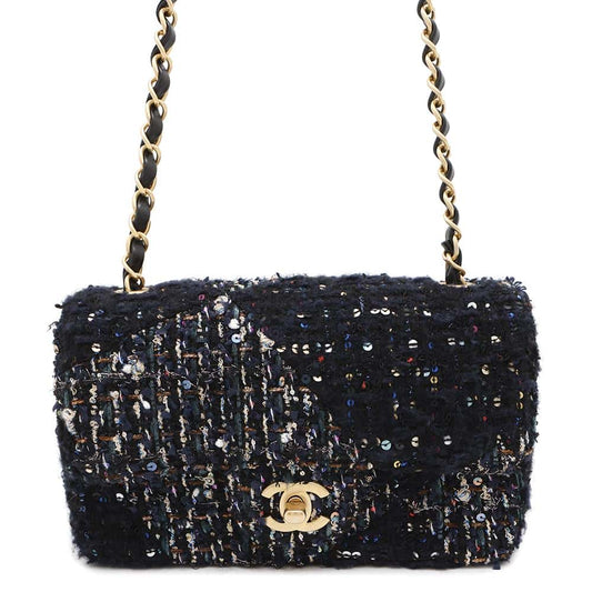 CHANEL Matelasse Single Flap ChainShoulder NavyA69900 Tweed Sequins