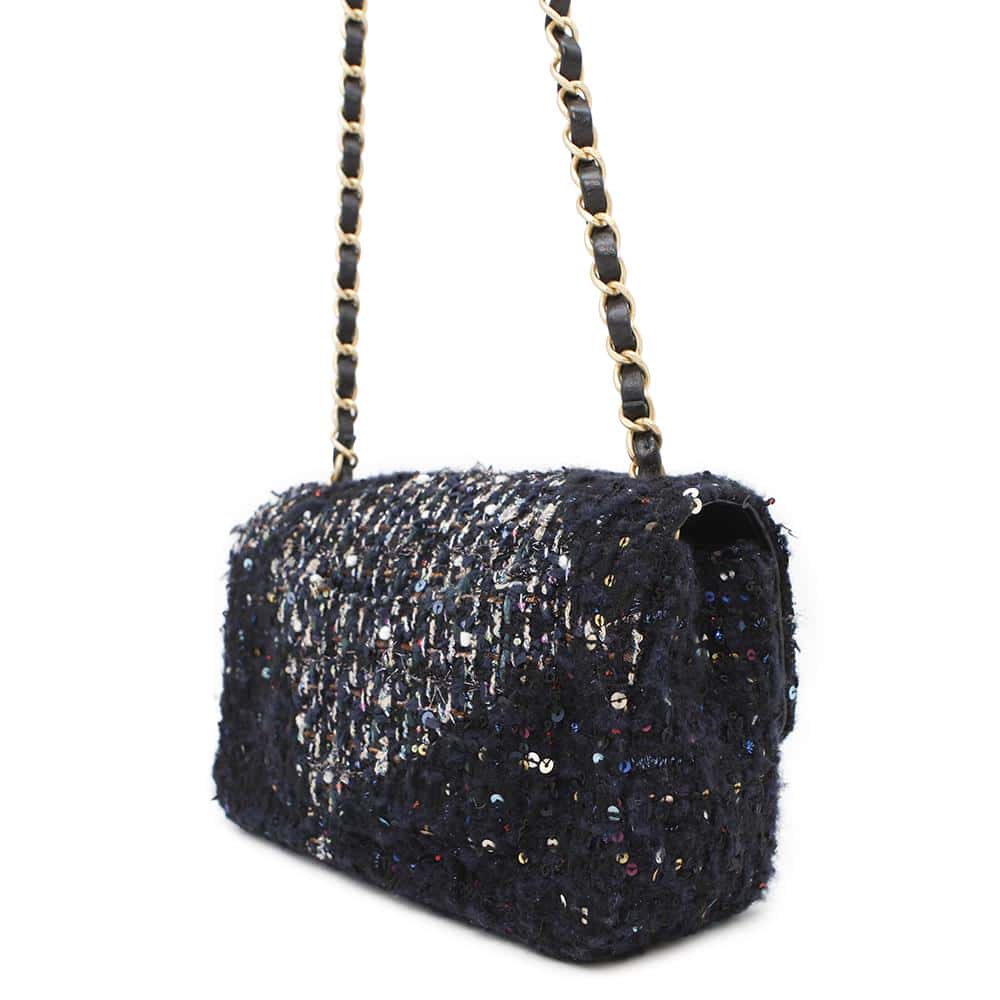 CHANEL Matelasse Single Flap ChainShoulder NavyA69900 Tweed Sequins