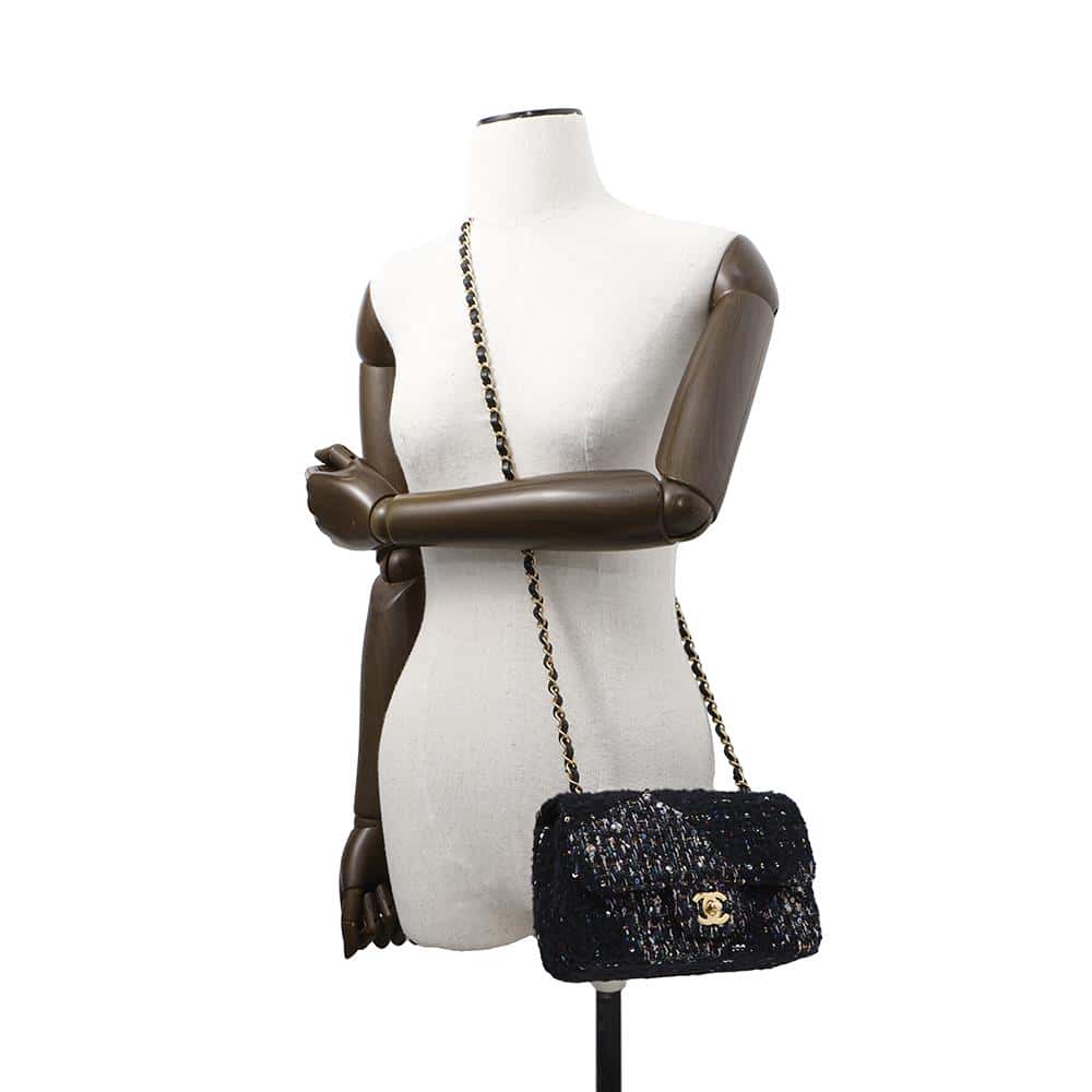 CHANEL Matelasse Single Flap ChainShoulder NavyA69900 Tweed Sequins