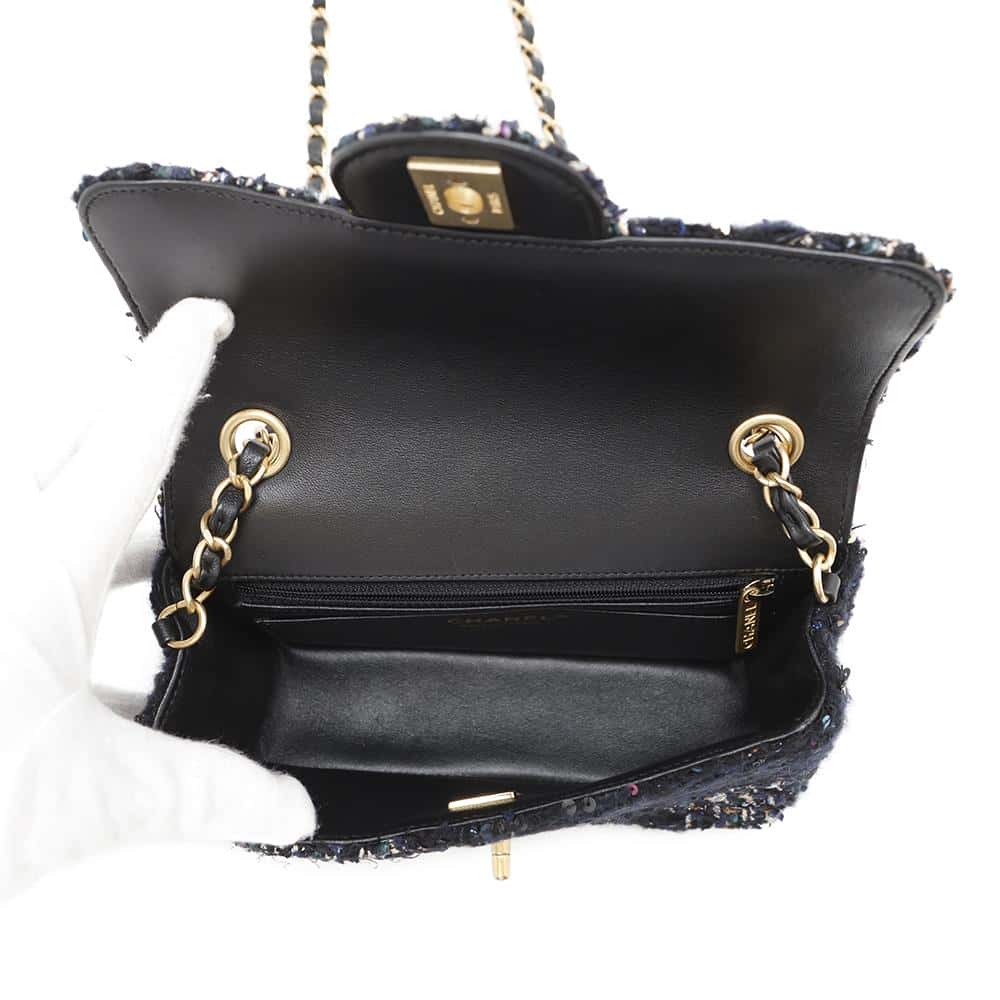 CHANEL Matelasse Single Flap ChainShoulder NavyA69900 Tweed Sequins