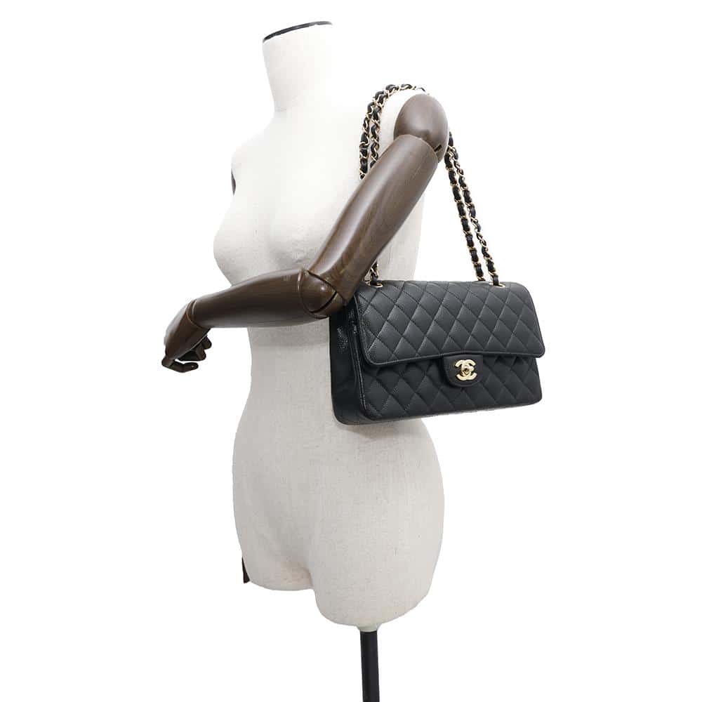 CHANEL Matelasse W Flap ChainShoulder Bag BlackA01112 Caviar Leather Size 25