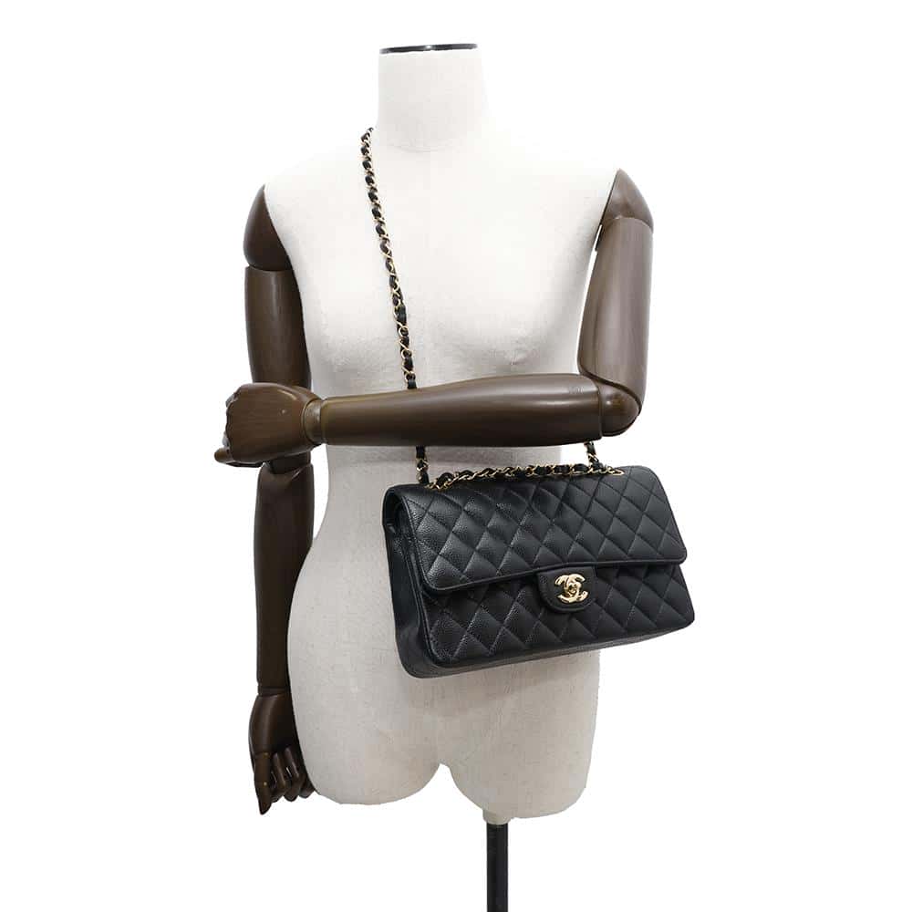 CHANEL Matelasse W Flap ChainShoulder Bag BlackA01112 Caviar Leather Size 25