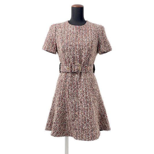 LOUIS VUITTON Belted Tweed Skater Dress Size 38 Multicolor Wool 56% Cotton19% Polyester9% Nylon9% Rayon7%