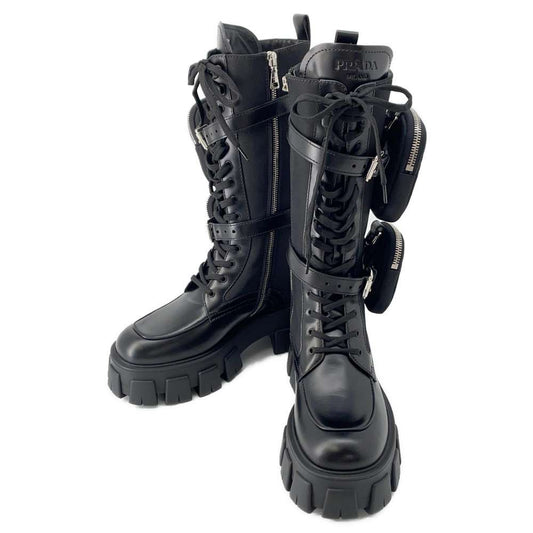 PRADA Long Boots Monolith Combat Boots with Pouch Black Leather Nylon Size 37 2/1