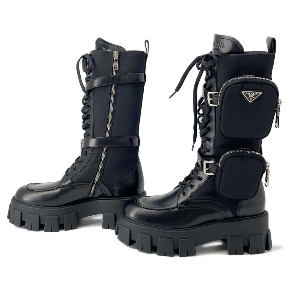 PRADA Long Boots Monolith Combat Boots with Pouch Black Leather Nylon Size 37 2/1