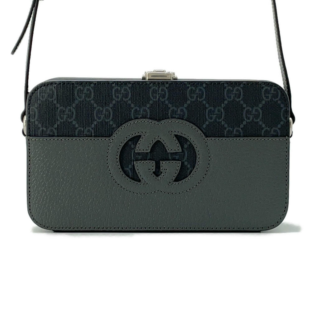 GUCCI Cutout Interlocking G Shoulder Bag Gray/Black725341 GG SupremeCanvas Leather