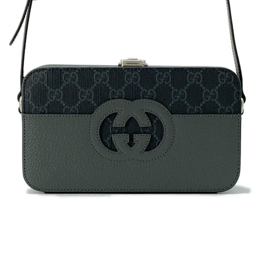 GUCCI Cutout Interlocking G Shoulder Bag Gray/Black725341 GG SupremeCanvas Leather