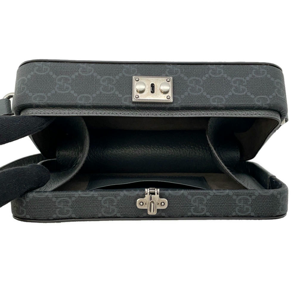GUCCI Cutout Interlocking G Shoulder Bag Gray/Black725341 GG SupremeCanvas Leather