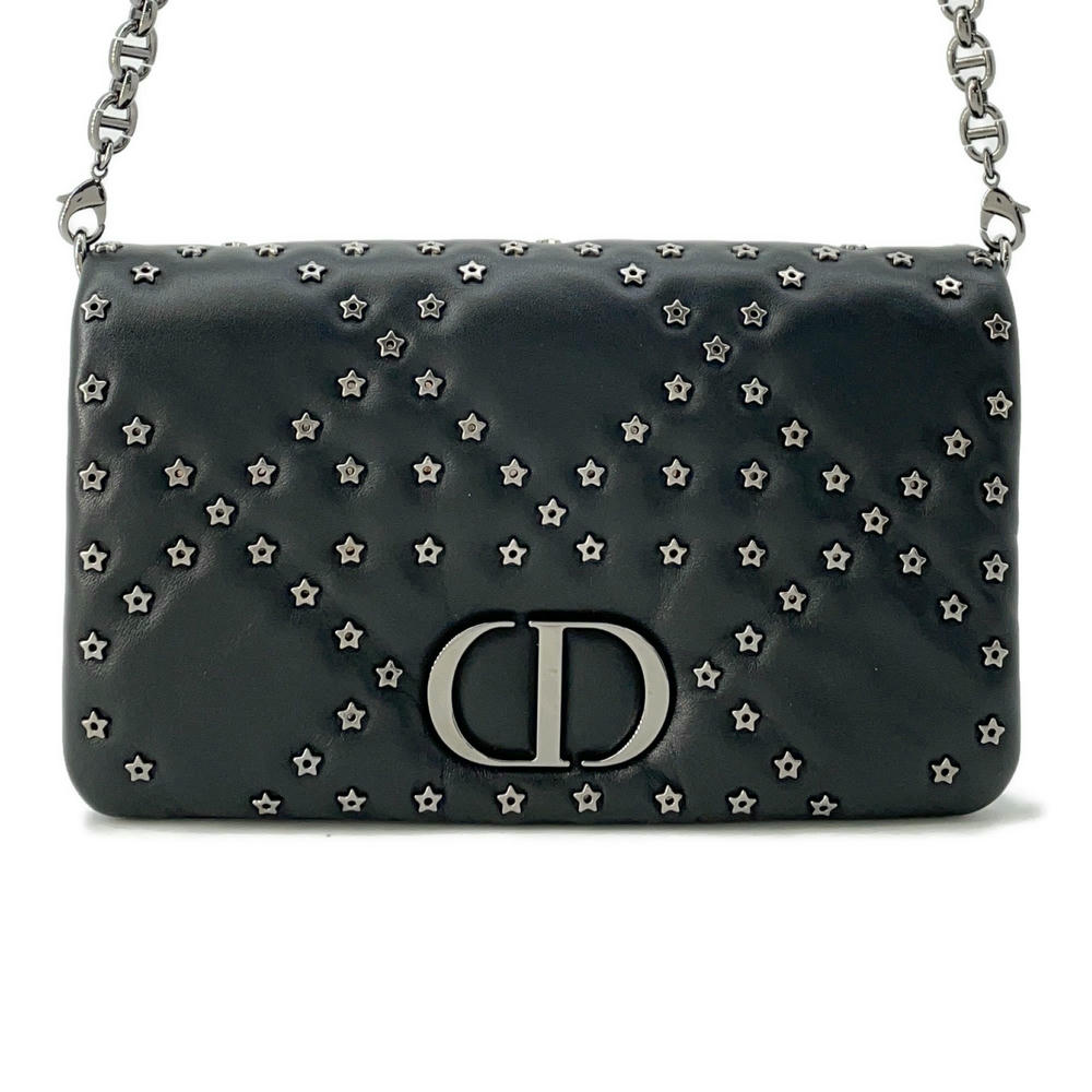 Dior Caro Star Studded Flap Shoulder Wallet Black Leather