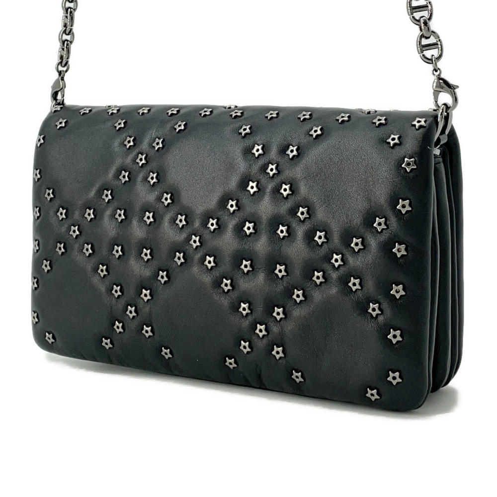 Dior Caro Star Studded Flap Shoulder Wallet Black Leather