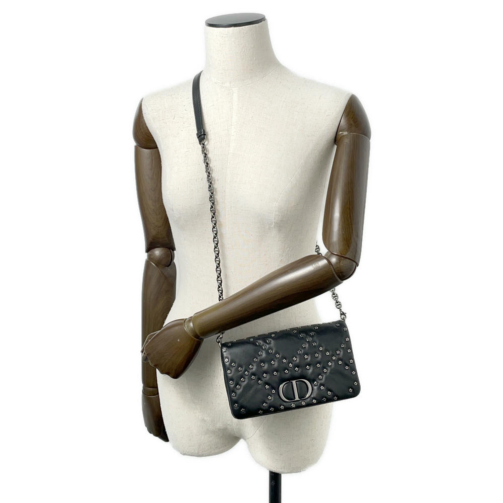 Dior Caro Star Studded Flap Shoulder Wallet Black Leather