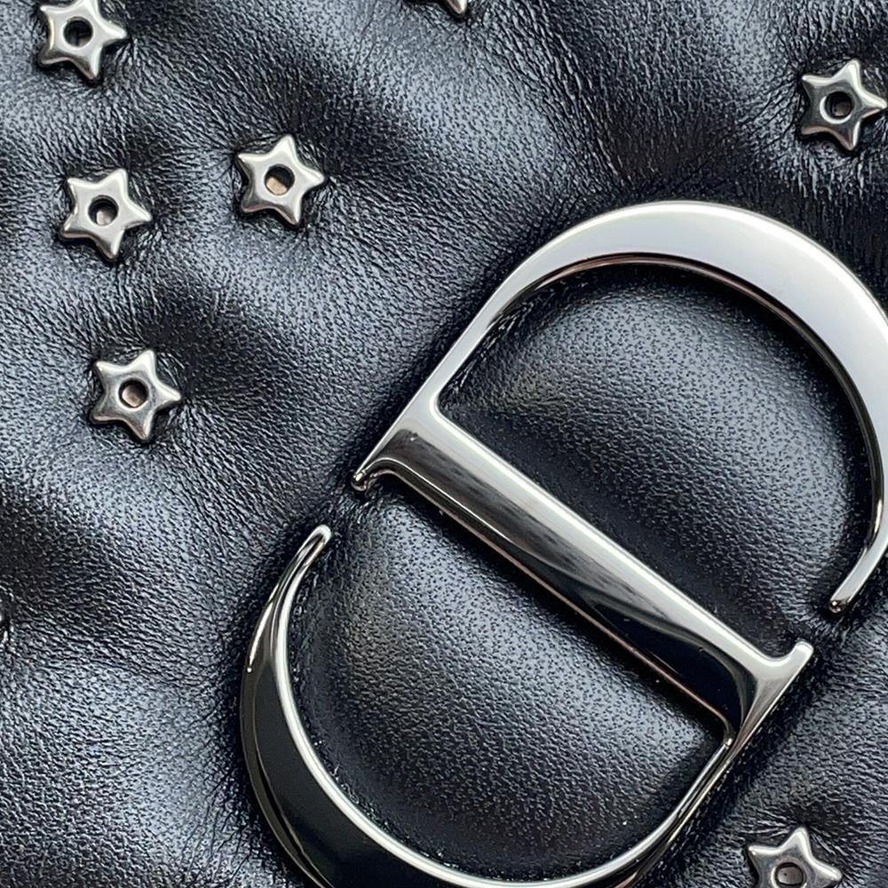 Dior Caro Star Studded Flap Shoulder Wallet Black Leather