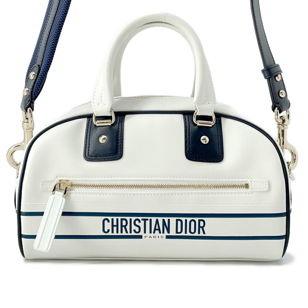 Dior Vibe 2WAY Bowling Bag White/NavyM6209OOBR Leather Rubber Size Small