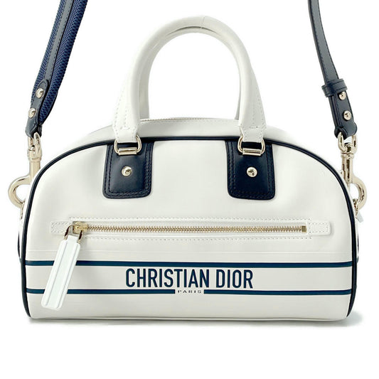 Dior Vibe 2WAY Bowling Bag White/NavyM6209OOBR Leather Rubber Size Small