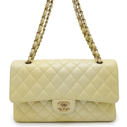 CHANEL Matelasse Double Flap ChainShoulder Bag MetalicYellowA01112 Calf Leather Size 25