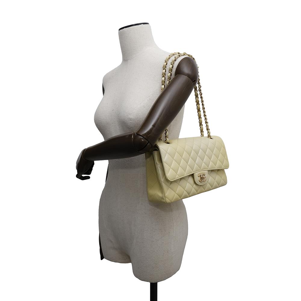 CHANEL Matelasse Double Flap ChainShoulder Bag MetalicYellowA01112 Calf Leather Size 25