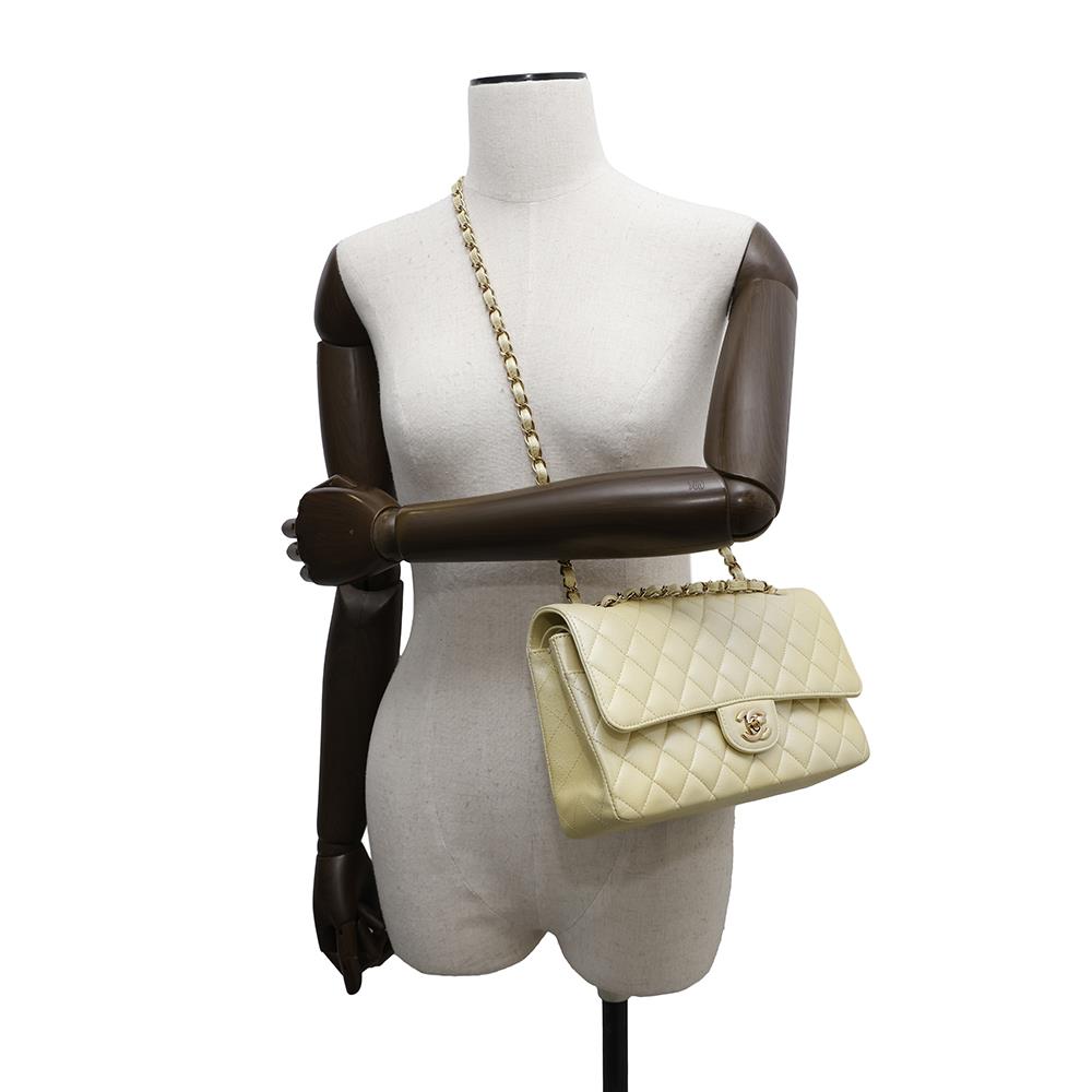 CHANEL Matelasse Double Flap ChainShoulder Bag MetalicYellowA01112 Calf Leather Size 25