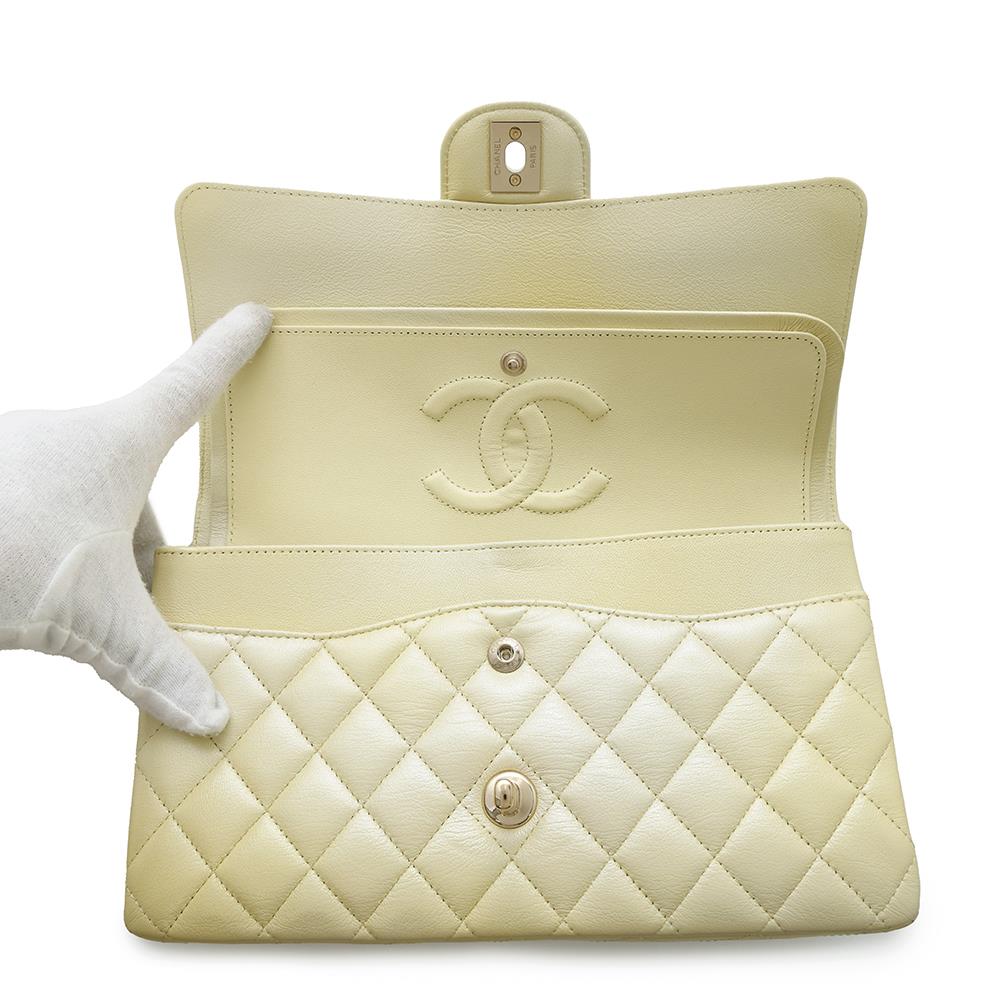 CHANEL Matelasse Double Flap ChainShoulder Bag MetalicYellowA01112 Calf Leather Size 25