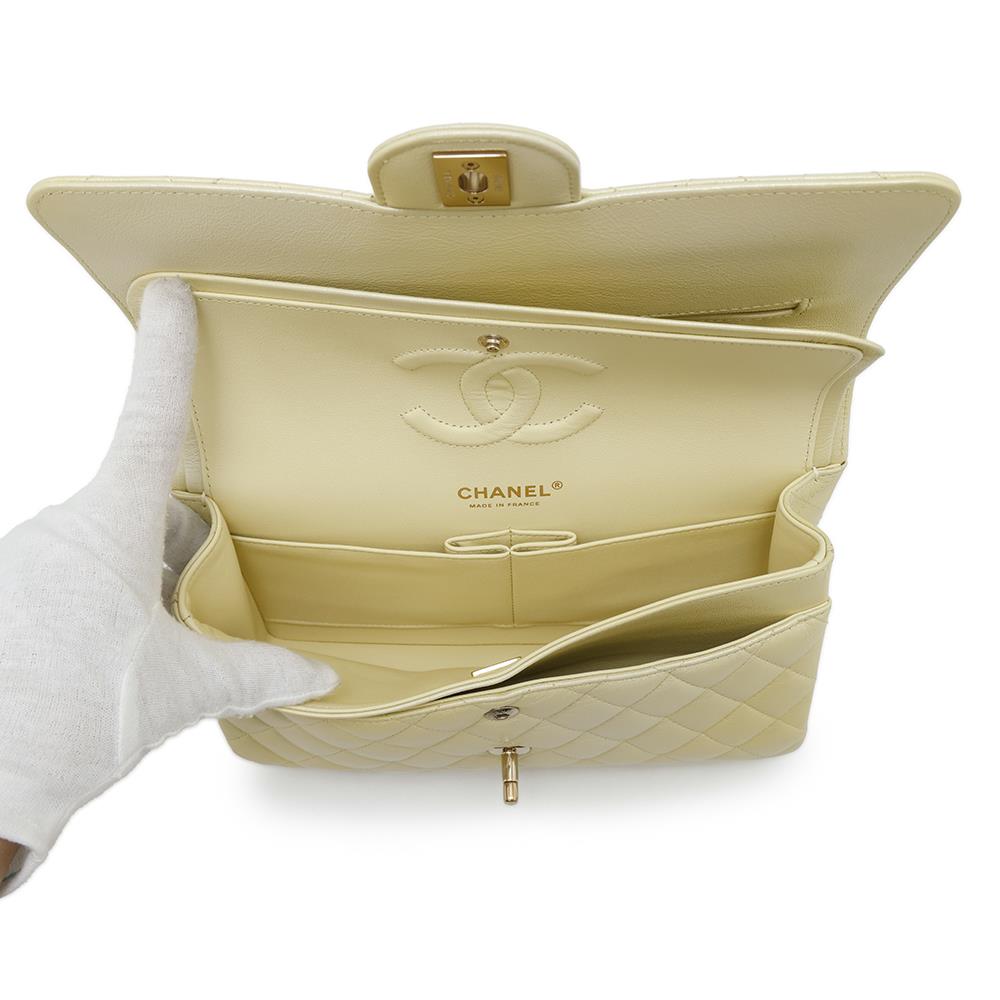 CHANEL Matelasse Double Flap ChainShoulder Bag MetalicYellowA01112 Calf Leather Size 25