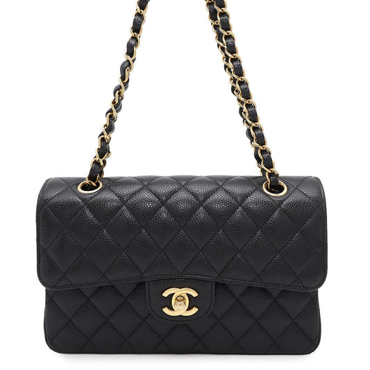 CHANEL Matelasse W flap WChainShoulder Bag BlackA01113 Caviar Leather Size 23