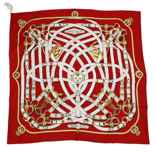 HERMES Scarf Carre Cavalcadour Size 140 Rouge/Blanc Cashmere 70% Silk 30%