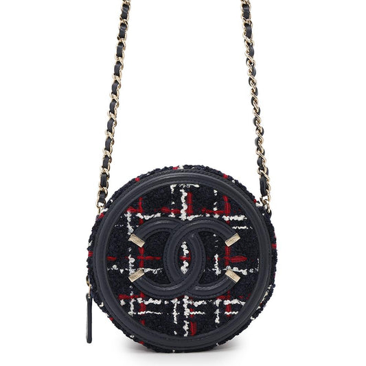 CHANEL CCFiligree Round ChainShoulder Navy/Red/WhiteAP0365 Tweed