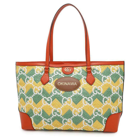 GUCCI GG Pattern Tote OKINAWA Yellow/Green/Orange631685 Raffia Leather