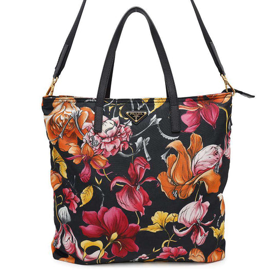 PRADA Flower print tote Black/MulticolorB2600F Nylon Leather