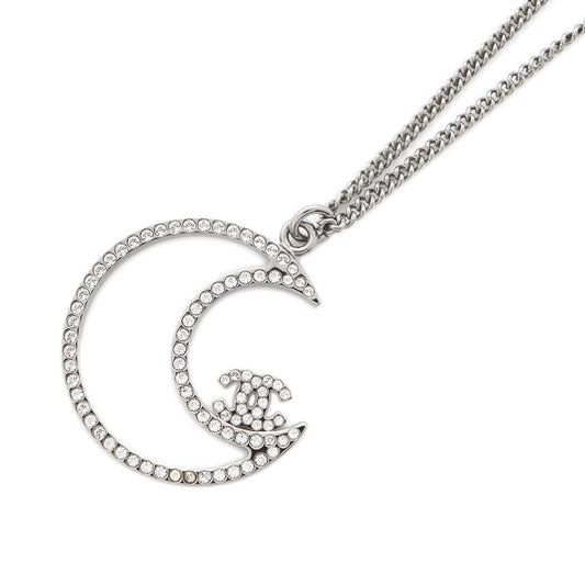 CHANEL Rhinestone Crescent Moon Necklace Chrome Metal Rhinestone