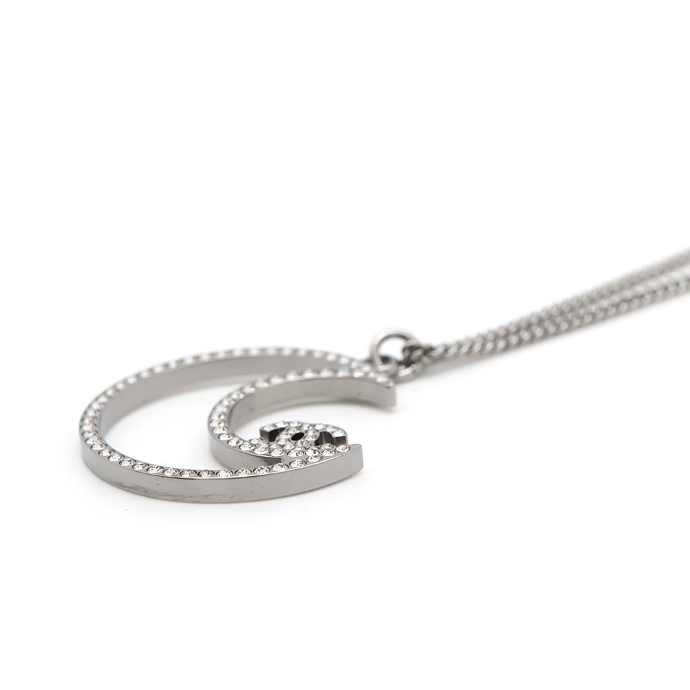 CHANEL Rhinestone Crescent Moon Necklace Chrome Metal Rhinestone