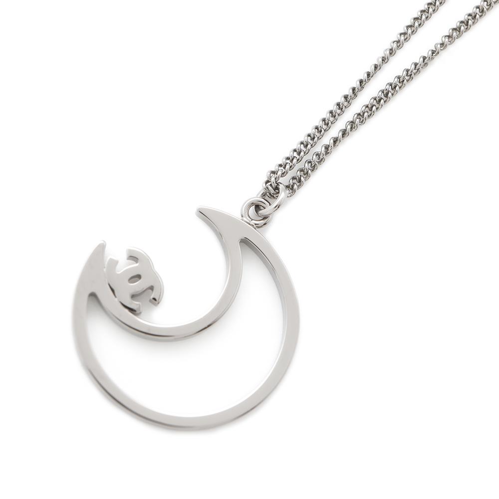 CHANEL Rhinestone Crescent Moon Necklace Chrome Metal Rhinestone