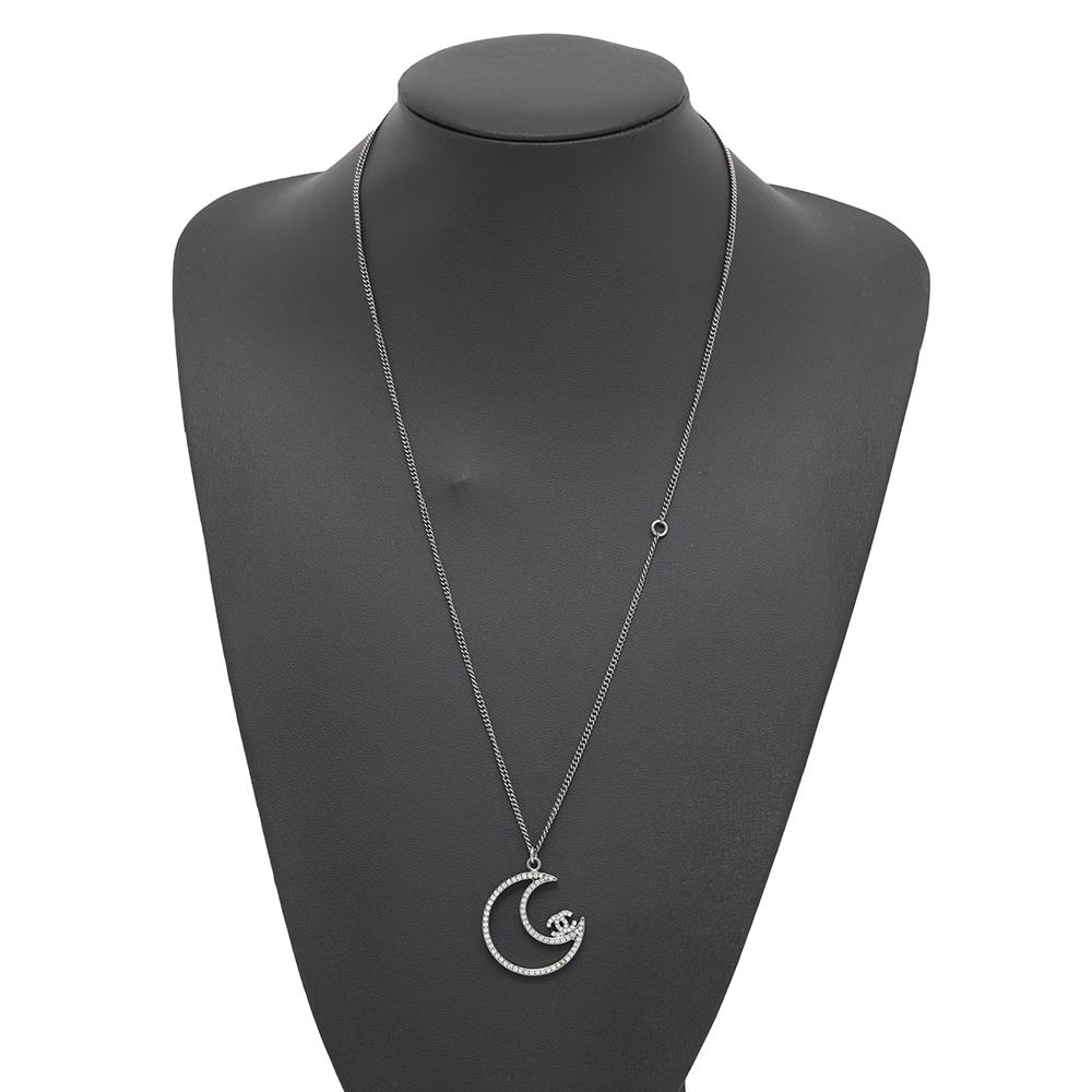 CHANEL Rhinestone Crescent Moon Necklace Chrome Metal Rhinestone