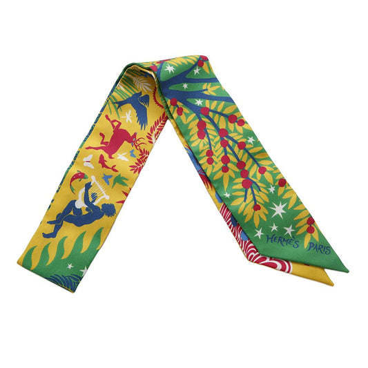 HERMES Twilly Le Charme D'orphee "Enticed by the Charm of Orpheus" Vert Viff/Jaune Viff/Rouge Silk100%