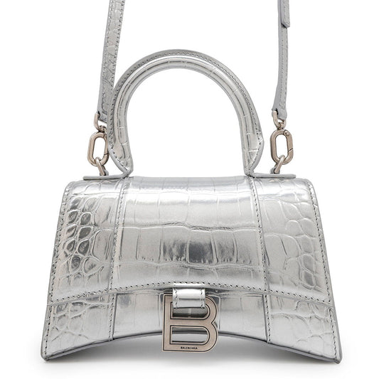 BALENCIAGA Hourglass 2wayBag Silver592833 Croco embossed leather Size XS