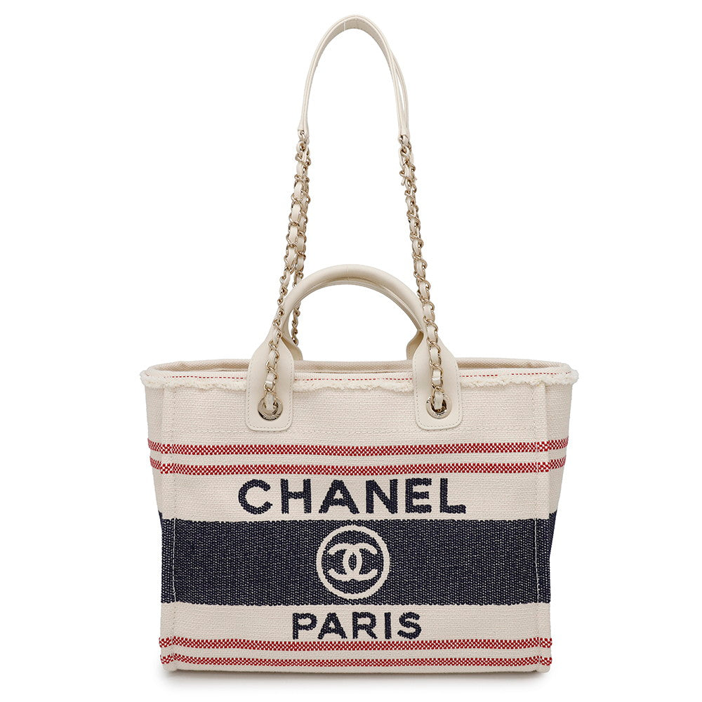 CHANEL Shopping Bag Deauville Ecru/Red/BlueAS3351 Cotton Leather