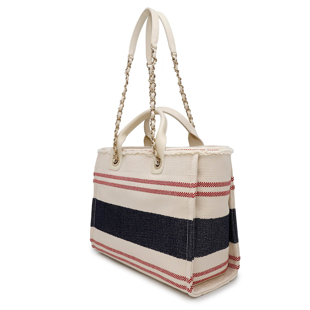 CHANEL Shopping Bag Deauville Ecru/Red/BlueAS3351 Cotton Leather