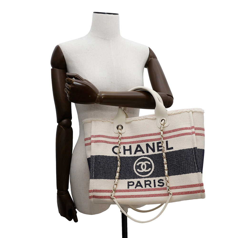 CHANEL Shopping Bag Deauville Ecru/Red/BlueAS3351 Cotton Leather