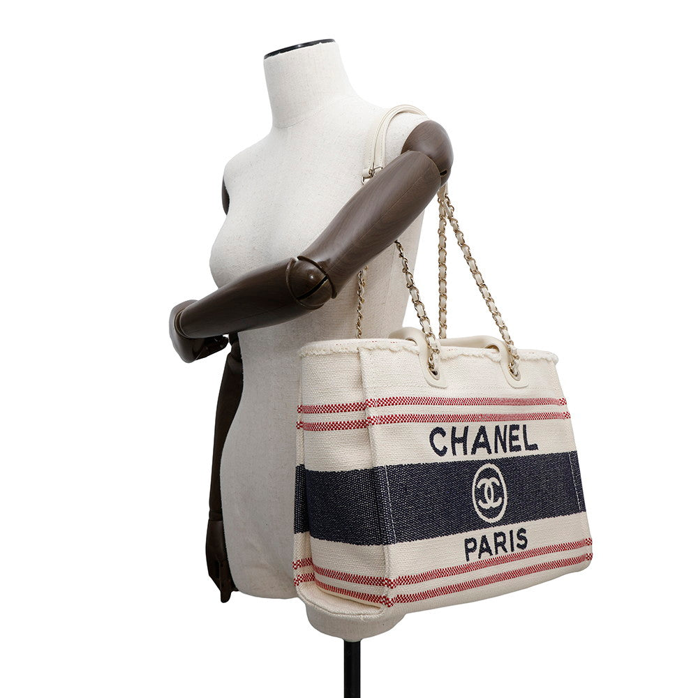 CHANEL Shopping Bag Deauville Ecru/Red/BlueAS3351 Cotton Leather