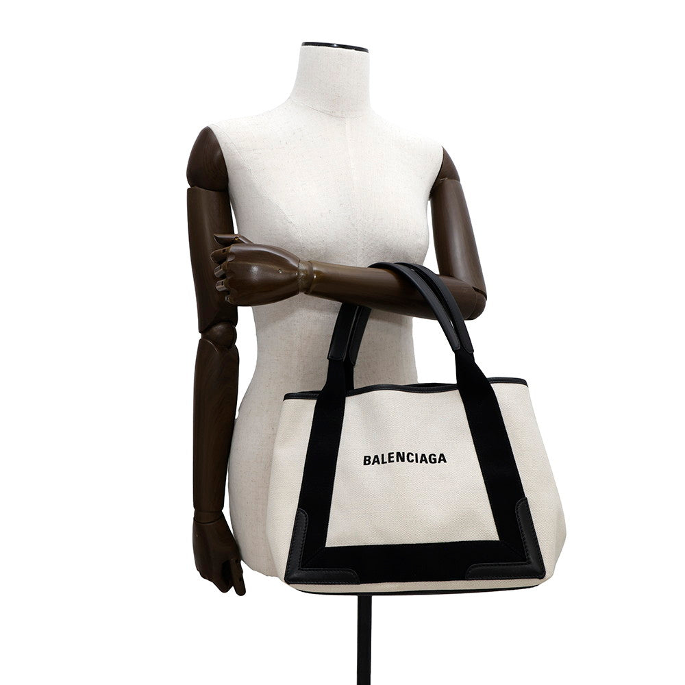 BALENCIAGA Navy Kabas White/Black339933 Canvas Leather Size S